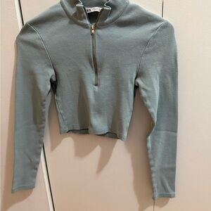 Zara Sage Green Ribbed Zip-Up Sweatshirt